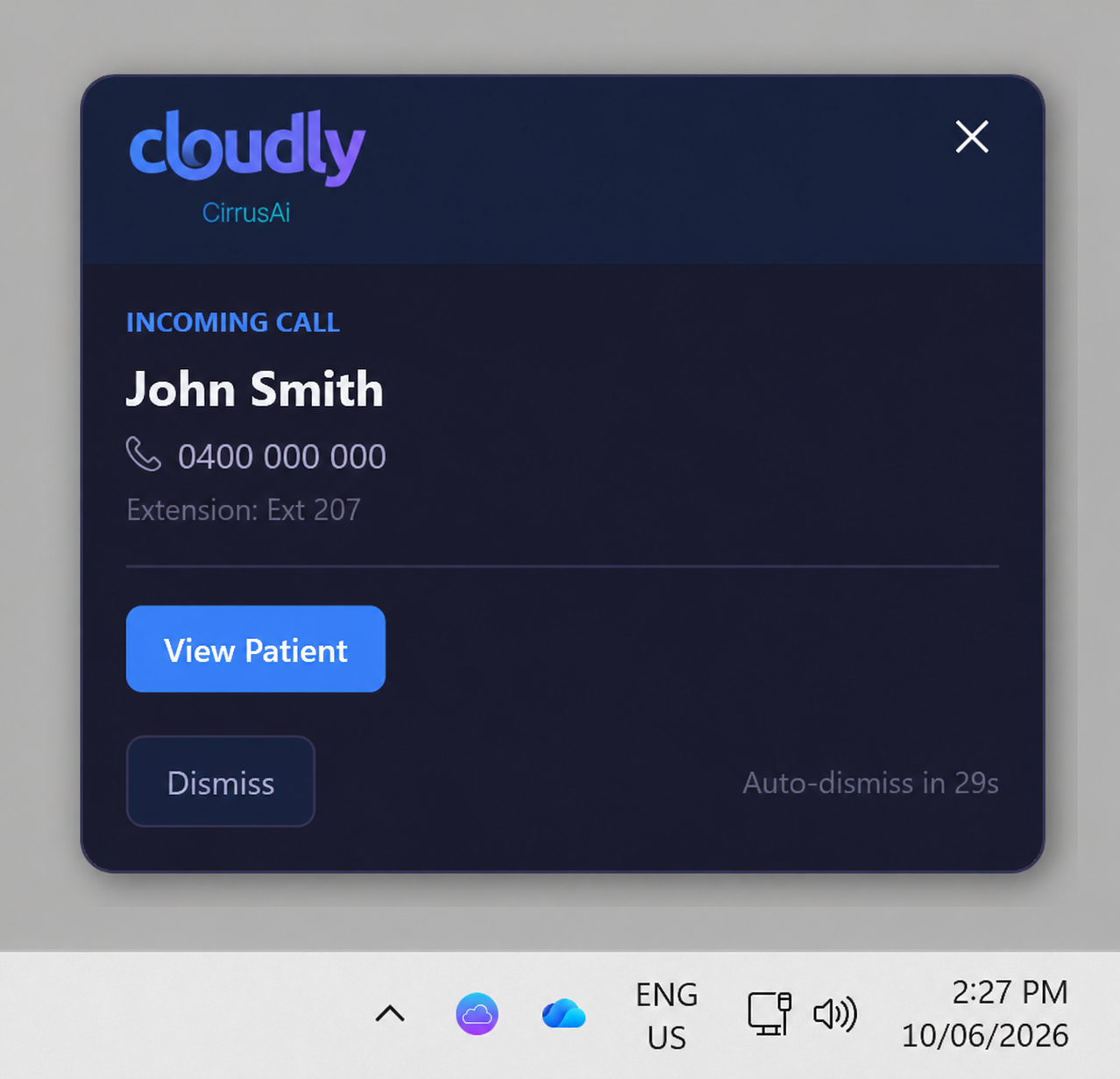 Cirrus Agent desktop notification showing an incoming call from John Smith matched to a Dental4Web patient, with View Patient and Dismiss buttons, and the purple CirrusAi icon in the Windows system tray.